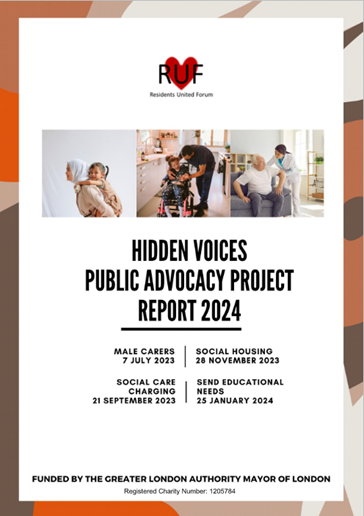 Photo of cover of the Hidden Voices Report by Residents United Forum, the cover shows pictures of disabled people and lists the workshops held to gather evidence for the report