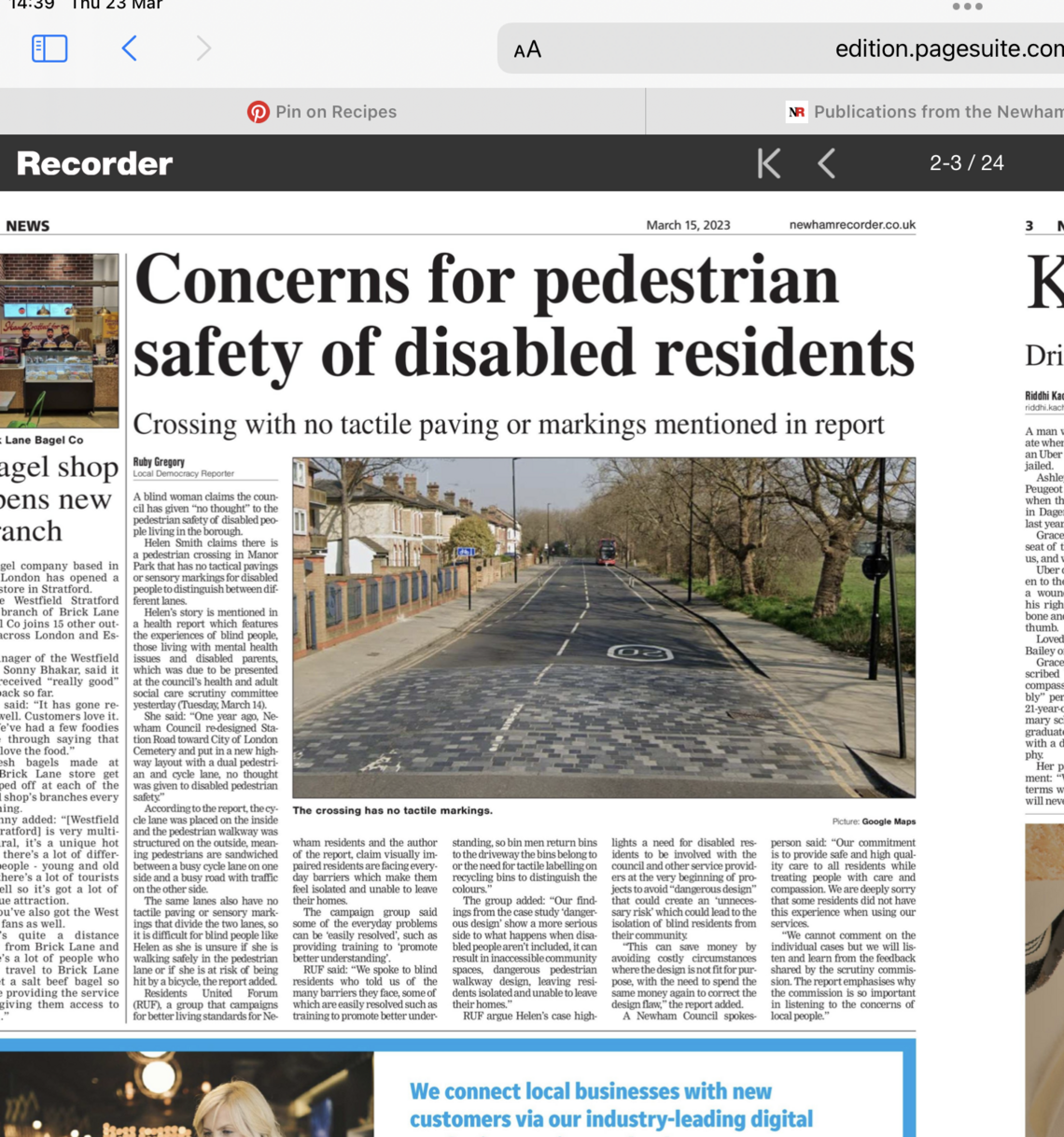 snap shot of a page of Newham Recorder Newspaper 13 March 2023 headline &quot;concerns for pedestrian safety of disabled residents&quot;